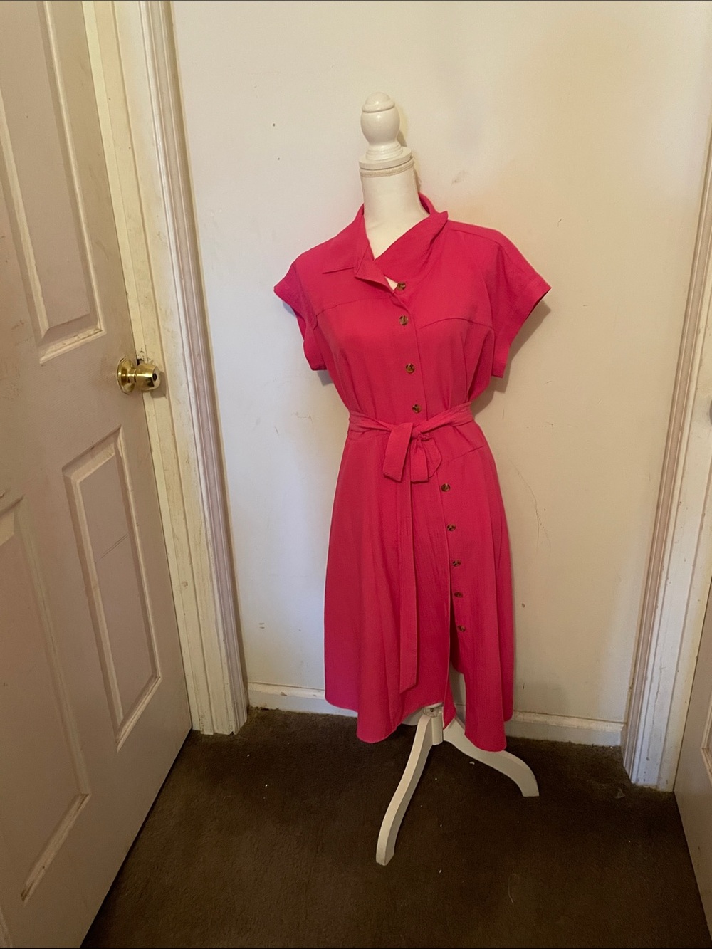 Calvin Klein Hot Pink Button-Front Midi Dress with Waist Tie